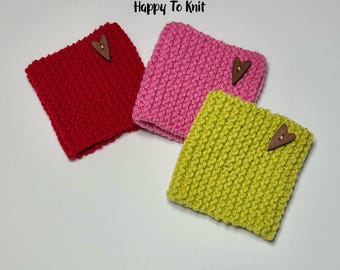 Hand knitted coffee cup cozy. Reusable sleeve gift for coffee lovers