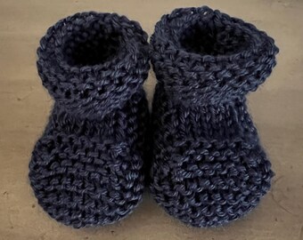 Hand Made 3-6 Months Knitted Blue (Dark Countey Blue) Baby Booties