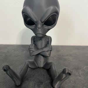 May include: A matte dark gray figurine of an extraterrestrial being with a large head, almond-shaped black eyes, and a small mouth. The figure is depicted in a seated position with its legs extended forward and its arms crossed over its chest.