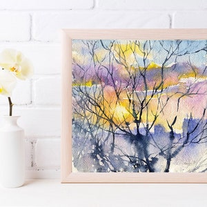 Print of Sunset watercolor painting fine art print sun painting, Sunset over the city, sunset art print on watercolor paper image 1