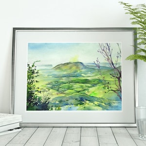 Art print of Landscape watercolor painting - green spring, hills mountains painting, watercolor on paper
