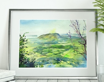 Art print of Landscape watercolor painting - green spring, hills mountains painting, watercolor on paper