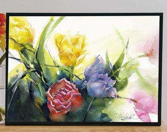 Tulipanes Acuarela original o Impresión de arte - acuarela de flor de tulipán multicolor, giclée sobre papel de acuarela