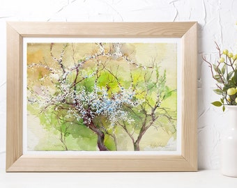 Apricot tree blossom watercolor painting - spring blossom wall art - wood painting for farmhous or rustic decor - original and print