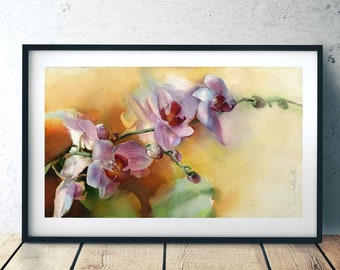 Orchid flower art print of watercolor painting - print of pink orchid art, bohemian and eclectic wall decor - purple orchid giclee