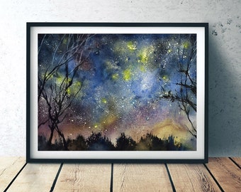 Nachtelijke hemel kunst print van aquarel - Sterrennacht hemel kunst print - nachtelijke hemel woonkamer ontwerp - nacht skyline giclee op papier