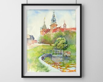 Print of Architectural watercolor painting print - riverwalk in Krakow watercolor - architecture, church, print on watercolor paper