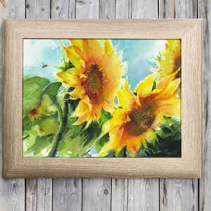 Cottagecore Art print of Sunflower painting - Watercolor yellow flower with bees - living room decor - wall hanging for nursery