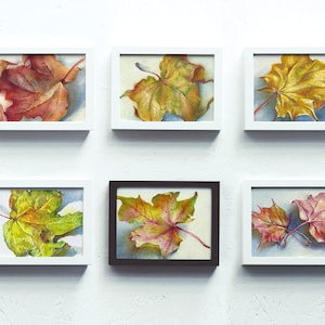 Print of Watercolor leaves ACEO, yellow autumn leaf painting print, Artist Trading Card, archival watercolor paper