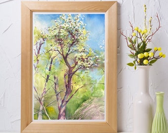 Print of Pear tree blossom watercolor painting - wood painting print, giclee on watercolor paper