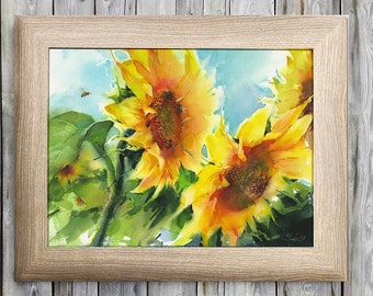 Cottagecore Art print of Sunflower painting - Watercolor yellow flower with bees - living room decor - wall hanging for nursery