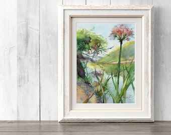 Print of River landscape watercolor painting - flower art print hanging wall art, giclee on watercolor paper