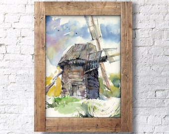 Art prints of Old Windmill watercolor original painting - windmill wall art, farmhouse rustic decor print -  Ukrainian landscape giclee