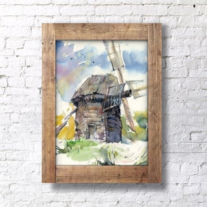 Art prints of Old Windmill watercolor original painting - windmill wall art, farmhouse rustic decor print -  Ukrainian landscape giclee