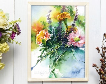 Marigold and chrysantheum flowers watercolor - original marigold painting - original and print on watercolor paper