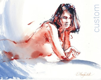 Original personalizado acuarela desnuda figura retrato, boceto de la pintura femenina desnuda o masculina, realista de su fotografía, acuarela en papel