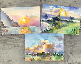 Set of 3 Postcards, Sunset watercolor painting - blue sky card gift - Nature-Inspired Art, Skyline Prints, Scenic Greetings