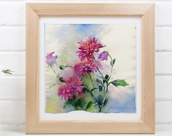 Purple flowers watercolor - original purple asters painting paper, original and prints on watercolor paper, purple wall hanging art