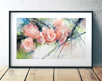 Watercolor pink rose painting - rose original painting print- pink flower painting - rose drawing - original and prints