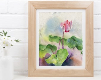 Purple cyclamen art print of watercolor - bohemian and eclectic kitchen wall decor of pink cyclamen flower - giclee on watercolor paper