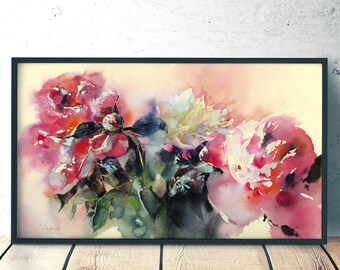 Różowe piwonie sztuka Wydruk akwareli - kwiat piwonii, dekoracja ścienna, giclee na papierze akwarelowym