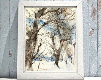 Snow blue tree street in winter art print - print of winter watercolor painting - wood painting giclee on watercolour paper