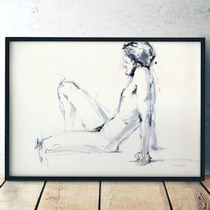 Puede incluir: Un dibujo en blanco y negro de una persona en una pose sentada. El dibujo est&aacute; hecho en un estilo suelto y gestual, con pinceladas visibles.