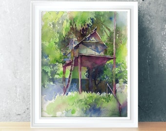 Art print of Dovecote watercolor painting - pigeon house painting wall hanging art print, giclee on watercolour paper