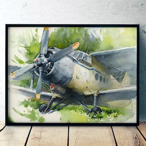 Airplane art print of watercolor painting Antonov airplane artwork aviation art gift for pilot nautical lounge decor, office wall art image 1