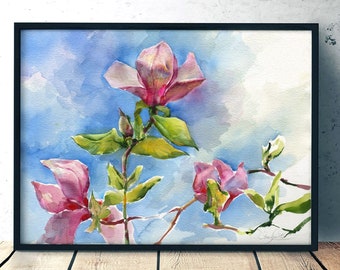 Pink magnolia print of watercolor painting - purple flower painting, giclee on watercolor paper