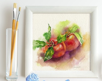 Watercolor fruit painting - red apple painting for kitchen, original and prints on watercolor paper