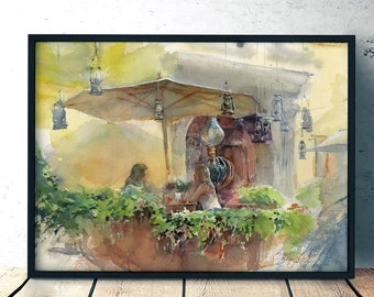Street cafe Art print of watercolor painting, 'Gas Lamp' cafe in old Ukrainian town Lviv, wall hanging giclee on watercolor paper