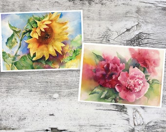 Set of 2 postcards, flower watercolor painting print on semi-gloss photo paper - two flower themed printed postcards