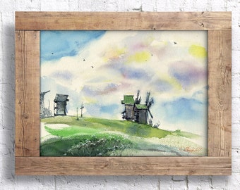 Ukrainian landscape with Windmills - Original or Art print watercolor painting from Pyrohiv - plein air, farmhouse wall art decor