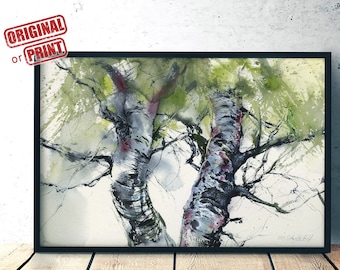 The pair of Birches original watercolor painting or Art print - two trees together painting, giclee on watercolor paper