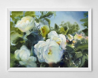 May include: Watercolor painting of white roses in bloom with green leaves and a blue sky in the background.