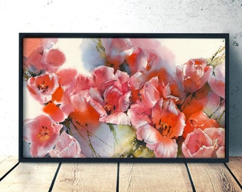 Red Tulips art print watercolor - Botanical Art, Floral Decor, Red Flower Illustration - red flowers decor, cottagecore, living room wall