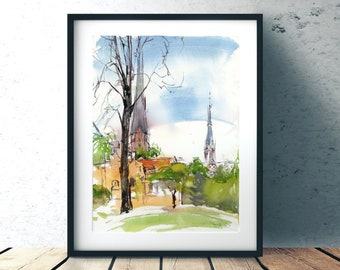 Original watercolor or Art print of Swedish church, Uppsala domkyrka, giclee on watercolor paper