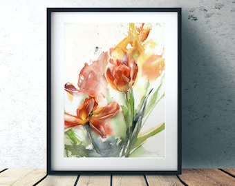 Art print of watercolor flower painting - Flying tulips - giclee on watercolor paper