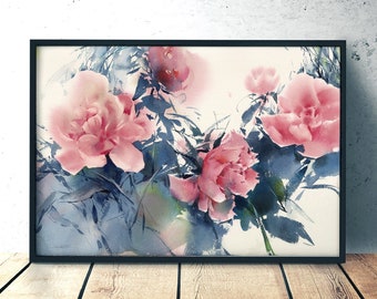 Peony art print watercolor - peony watercolor painting print decor, peony kitchen art print, giclee on watercolor paper