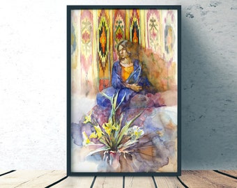 Ukrainian carpet on the background of thoughtful girl - original watercolor or Fine art prints of painting, giclee