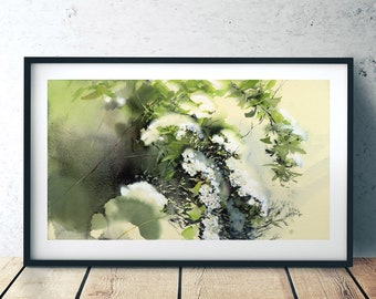 Print of White Spiraea bush watercolor painting, white spirea bush flowers painting, hanging wall art on watercolor paper