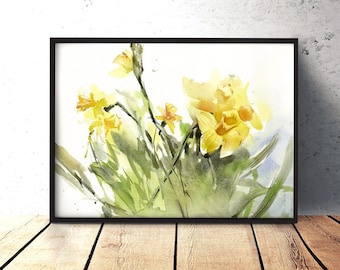 Daffodils - Narcissus Art print and original of yellow watercolor painting, giclee on fine-art paper