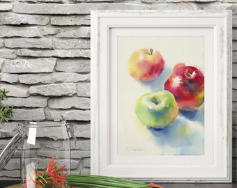 Print of Apple painting  - apple watercolor fruit, rustic kitchen decor, kitchen decor ideas - living room decoration - gift for moving