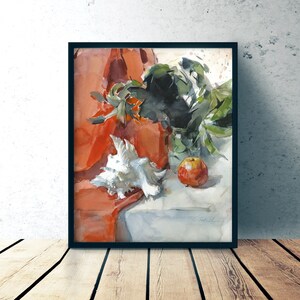 Natura morta con bianco deve Stampa artistica di pittura ad acquerello, pianta di mela e giclee su carta acquerello