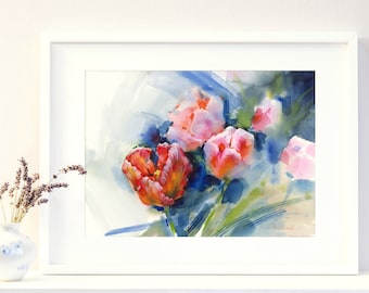 Red Tulips impresión de la pintura de la acuarela - flor acuarela impresión arte de la pared, flores impresión en papel de acuarela, giclee
