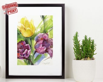 Purple Tulips original watercolor painting or Art print - flower watercolor print wall art, Flowers print on watercolor paper, giclee