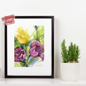 Purple Tulips original watercolor painting or Art print - flower watercolor print wall art, Flowers print on watercolor paper, giclee