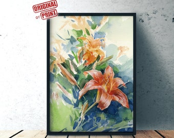オレンジリリーのオリジナル水彩画、またはユリの花のアートプリント