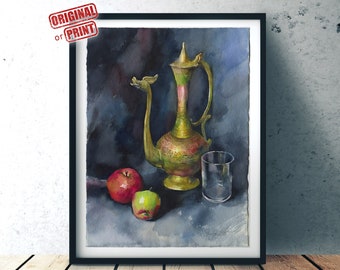 Still life original watercolor painting or art print - vintage brass indian teapot and apples, hanging wall art